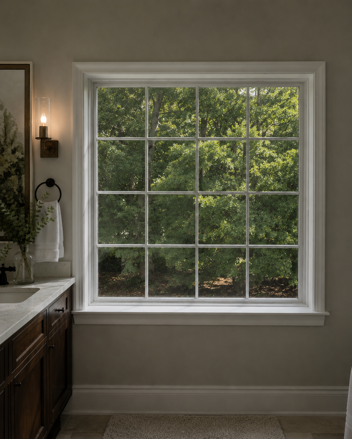 Bathroom window glass replacement with colonial grid pattern